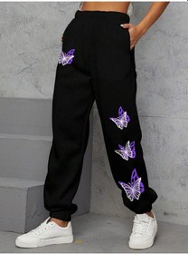 Resim Butterfly Print Slant Pocket 4 Mevsim Eşofman Siyah 