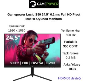 Resim Gamepower Lucid S50 24.5'' 0.2 Ms Full Hd Pivot 500 Hz Oyuncu Monitörü 