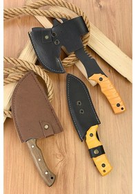 Resim Merttools 3 Lü Outdoor Kamp Balta & Bıçak Seti Tamamı Deri Kılıflı Profesyonel Çok Amaçlı Kesici Set Kamp Seti Beyaz 