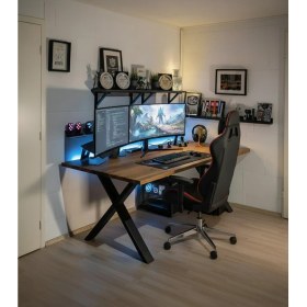 Resim %100 Masif Ladin Ahşap X-Ayak 120X60 Oyuncu Çalışma Masası Ceviz Tonları 