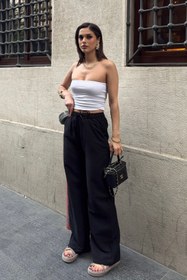 Resim BEJNA Kadın Siyah Keten Dokulu Bol Kesim Palazzo Pantolon 