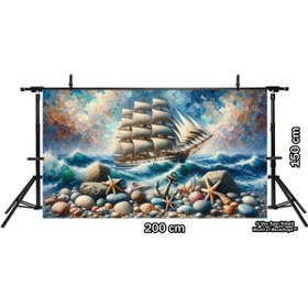 Resim Venspor Deniz Temalı Yelkenli ve Deniz Kabuğu Arkaplan - 200x150cm Fon Duvar Örtüsü 