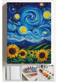 Resim Sayılarla Boyama Seti Numaralı Tuval Fırça Boya Dahil Kasnaklı Set 40x50 Cm - Yıldızlı Gece Ayçiçeği 