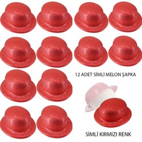 Resim Nessiworld Kırmızı Renk Simli Melon Yuvarlak Parti Şapkası 12 Adet 
