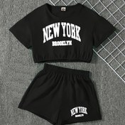 Resim Kızlar için Yeni York Brooklyn Grafik T-Shirt & Şort Takımı - Açık Mavi Spor Kıyafeti, Beyaz Harfli, Elastik Bel, ve Bağcıklı, Bahar/Yaz Dış Mekan Sporları, Günlük Giyim, ve Yürüyüş için Mükemmel, Rahat Kesim Şortlar, Dayanıklı Kumaş, Yeni York Gömlek 