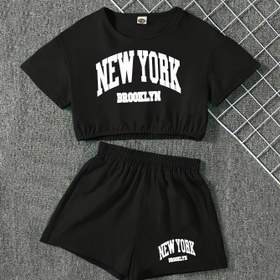 Resim Kızlar için Yeni York Brooklyn Grafik T-Shirt & Şort Takımı - Açık Mavi Spor Kıyafeti, Beyaz Harfli, Elastik Bel, ve Bağcıklı, Bahar/Yaz Dış Mekan Sporları, Günlük Giyim, ve Yürüyüş için Mükemmel, Rahat Kesim Şortlar, Dayanıklı Kumaş, Yeni York Gömlek 