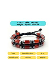 Resim Yıldız Doğal Taş Kırmızı Akik Ve Hematit Makrome Doğal Taş Deri Erkek Bileklik Çok Renkli 