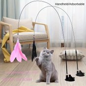 Resim Yapay elyaf tüy kedi çubuğu, güçlü vantuz tabanı, esnek metal tel çubuk, tüm kedi interaktif oyun ve kendinden eğlence için uygun 