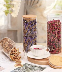 Resim 3 Adet 1300 Ml Bambu Kapaklı Yuvarlak Bakliyat Seti Kavanozu 