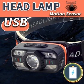 Resim 1 Adet USB Şarj Edilebilir Hareket Sensörlü Gece Koşu ve Balık Tutma için Çok Fonksiyonlu Baş Lambası, Ayarlanabilir Açı Taşınabilir ABS Malzeme Baş Feneri 