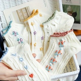 Resim 5 Çift Kadın Çiçek ve Harfli Ayak Bileği Çorapları - Nefes Alabilen, Rahat Örgü Kumaş, Kıvrımlı Kenar Tasarımı, Pastel Renklerle Renkli Yazılar (Ace, Aşk, Dostluk, Kız Kardeş, Kız Kardeşliği) - Günlük Giyim, Sevimli Çoraplar 