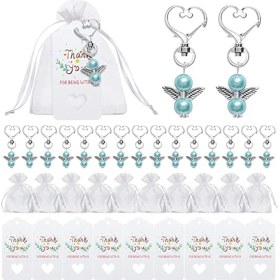 Resim 40 Takım Inci Melek Kalp Şeklinde Anahtarlık Düğün Favor Seti, Melek Inci Anahtarlıklar, Organze Hediye Çantaları Dahil 