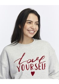 Resim Kadife Love Yourself Desenli Gri Melanj Yumuşak Dokulu Regular Fit Bisiklet Yaka Kadın Sweatshirt Gri Melanj 