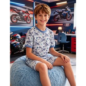 Resim NiCe İç Giyim Motorsiklet Temalı Mavi Renk Kısa Kol T-Shirt & Şort Bisiklet Yaka Erkek Çocuk Pijama Takım Pamuk Penye 
