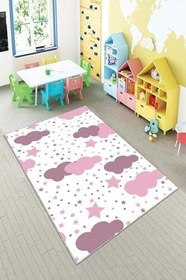 Resim Pelangi Beyaz Pembe Bulut Desenli Yıkanabilir Kaymaz Taban Leke Tutmazbebek Ve Çocuk Odası Halısı, Pembe-Beyaz 80 x 150 