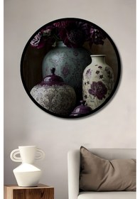 Resim Bordo Çiçek Desenli Vazo Ve Kavanoz Ahşap Dekoratif Tablo Yuvarlak Duvar Tablosu Çerçeve Görünümlü--- 30 X 30 