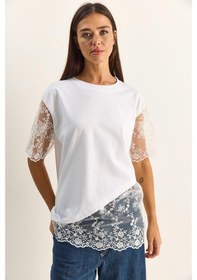 Resim Shade Kadın Bisiklet Yaka Dantel Garnili Asimetrik Kesim Relaxed Fit T-shirt 2225 60286125 - Beyaz 