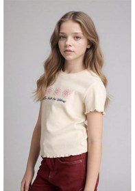 Resim Defacto Slım Fıt Desenli Fitilli Kaşkorse Ekru Kız Çocuk T-shirt B6689a8/er98 Ekru 