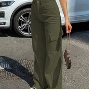Resim Kadın Rahat Casual Kargo Pantolon, Polyester Yüksek Bel Geniş Paça Pantolon Cepli, Tüm Sezon Dokuma Kumaş, 150g/ Ağırlık 