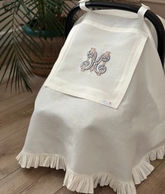 Resim Monogram İşlemeli Keten Puset Örtüsü - Bebek İsim Baş harfleri / Lacivert/Bej 