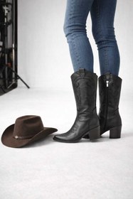 Resim Melinta Shoes Melinta Kadın Siyah Deri Nakıışlı Kovboy Çizme 