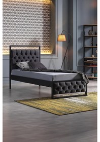 Resim Mithra Tek Kişilik Metal Karyola Siyah Ahşap Latalı 