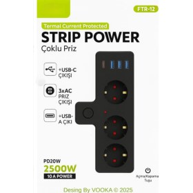 Resim Akıllı Priz Termal Korumalı 3 Prizli Çoklu Akım Prizi | 3 Usb-A + 1 Usb-C 2500W 10A Pd 20W 