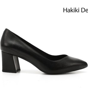 Resim Gönderi R Siyah Sivri Burun Orta Kalın Topuklu Hakiki Deri Ayakkabı Siyah 