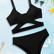 Resim 2 adet Kız Bikini Seti - Hafif Mavi Dokulu Kumaş, V-Yaka Çıkarılabilir Pedlerle, Esnek ve Zayıflatan Etki, Gençler İçin Rahat Plaj Giyimi, Bikini Üst ve Alt Seti|V-Yaka Mayo|Çıkarılabilir Ped Bikini 