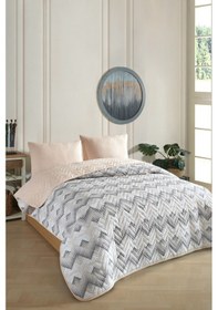 Resim Tek Kişilik Desenli Kapitone Çift Taraflı Renkli Pike Yatak Örtüsü Takımı 160x230 Cm Çarşafsız Bej 