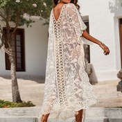 Resim Boho Stili Büyük Beden Dantel Şeffaf Örgü Hırka, V Yaka Kolsuz Plaj Örtüsü, Kontrast File Detaylı Şık Maxi Kimono, Havuz Partileri İçin Hafif Esneklik ile 