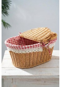 Resim Digithome Kapaklı Rattan Vintage Dantelli Oval Piknik Sepeti -9t13 U/5 Kahverengi 