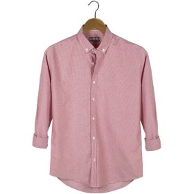 Resim Erkek Kırmızı Kalın Dik Çizgili Uzun Kollu Yakası Düğmeli Slim Fit Gömlek Kırmızı 
