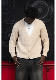 Resim Akçaylar Oversize Crop Model V Yaka Düğme Kapamalı Örgü Hırka Krem 