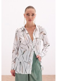 Resim Sateen Yırtmaç Detaylı Gömlek - Haki-136104 Haki 