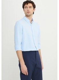 Resim AC&Co / Altınyıldız Classics Erkek Mavı Slim Fit Dar Kesim Düğmeli Yaka Armürlü Gofre Desenli Gömlek Mavi 