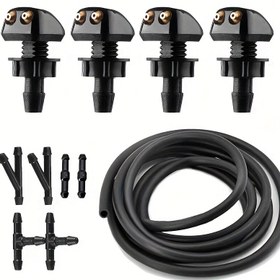 Resim Tamir ve değişim için su püskürtmeli cam silecek bıçaklarının 11 parçalık evrensel seti, hızlı montaj için 78.74 inçlik hortum, 6 bağlayıcı ve 4 çift delikli püskürtme nozullarını içerir. 