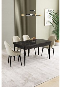 Resim Ikon Siyah Mermer Desen 80x132 Mdf Açılabilir Yemek Masası Takımı 4 Adet Sandalye Krem 