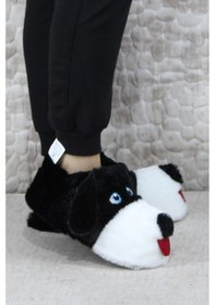 Resim Fort Sevimli Köpek Figürlü Peluş Panduf Hayvanlı Yumuşak Kadın Panduf Siyah 