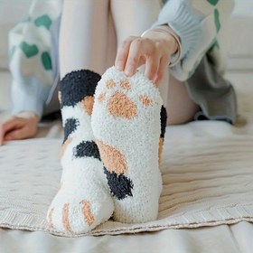 Resim Sevimli Kedi Pençesi Baskılı Terlik Çoraplar, Rahat Mercan Polar, Kadın Karikatür Desenli, Elde Yıkanabilir, Polyester, 1 Çift 