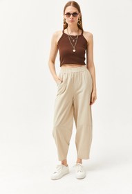 Resim Olalook Kadın Taş Beli Lastikli Cepli Şalvar Kesim Gabardin Pantolon PNT-19000267 