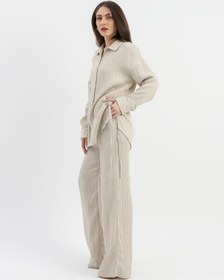 Resim VELİZADE Konfor Modeli Oversize Bej Yanı Büzgülü Viskon Kumaş Boyfriend Gömlek Uzun Tesettür Gömlek 