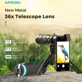 Resim 1 adet APEXEL 36X Alüminyum Alaşımlı Telefon Telefoto Lens Kiti, Tripod, Klip, Tutucu, Lens Çantası, Temizleme Bezi ile Yürüyüş, Kamp, Vahşi Yaşam, Spor, Konserler için 
