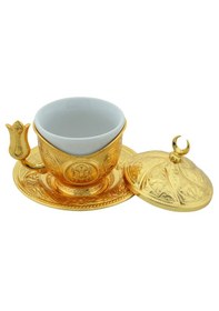 Resim Tiryaki Porselenli 4 Parça Altın Renk Zamak Fincan 