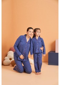 Resim Pjs Kız Çocuk Kalpli Önden Düğmeli Gömlek Yaka Uzun Kollu Pijama Takım Mavı 