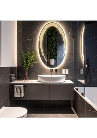 Resim Elliptika Günışığı Lazer Kumlamalı Lavabo & Banyo Aynası Dokunmatik Sensörlü 100 X 60 