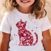 Resim Parlak Pembe Kedi ve Çiçek Desenli Kız Çocukları için Pullu Tişört - Sevimli Yuvarlak Yaka Kısa Kollu Üst, Yumuşak Polyester Kumaş, Yaz Gezileri ve Günlük Kullanım İçin Mükemmel, Kız Çocuk Gömlekleri 