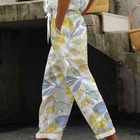 Resim Kadınlar için Rahat Çiçek Desenli Joggers - Hafif Polyester Terlik Pantolon, Bağcıklı Bel, Konforlu Tüm Mevsim Stili, Mavi ve Sarı Yaprak Deseni, Yetişkinler için Rahat Kesim 