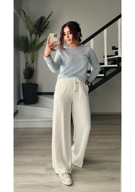 Resim Beyaz Tensel Kumaş Beli Lastikli Pantolon Beyaz 