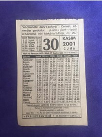 Resim 30 Kasım 2001 Takvim Yaprağı - Nostalji Koleksiyonluk Takvim Yaprağı 